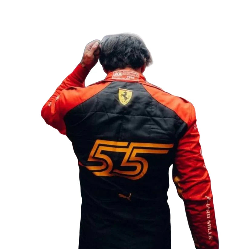 Carlos Sainz in Ferrari 2023 Spain Grand Prix F1 Racing Suit with number 55 on a white background