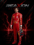 Carlos Sainz in Ferrari 2024 F1 Racing Suit with various logos on a dark background with lightning effects, featuring the 'REAXION RACEGEAR' brand.