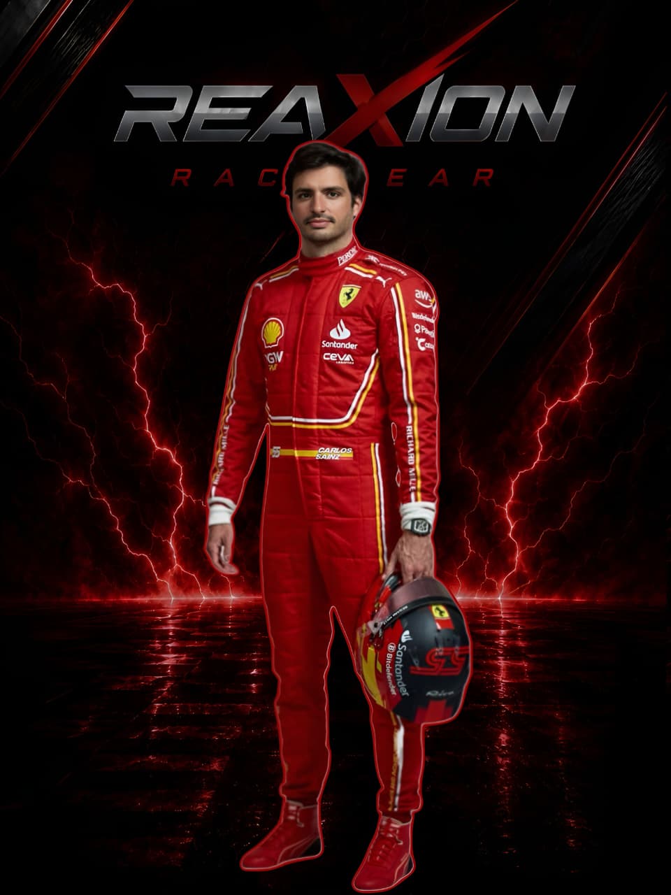 Carlos Sainz in Ferrari 2024 F1 Racing Suit with various logos on a dark background with lightning effects, featuring the 'REAXION RACEGEAR' brand.