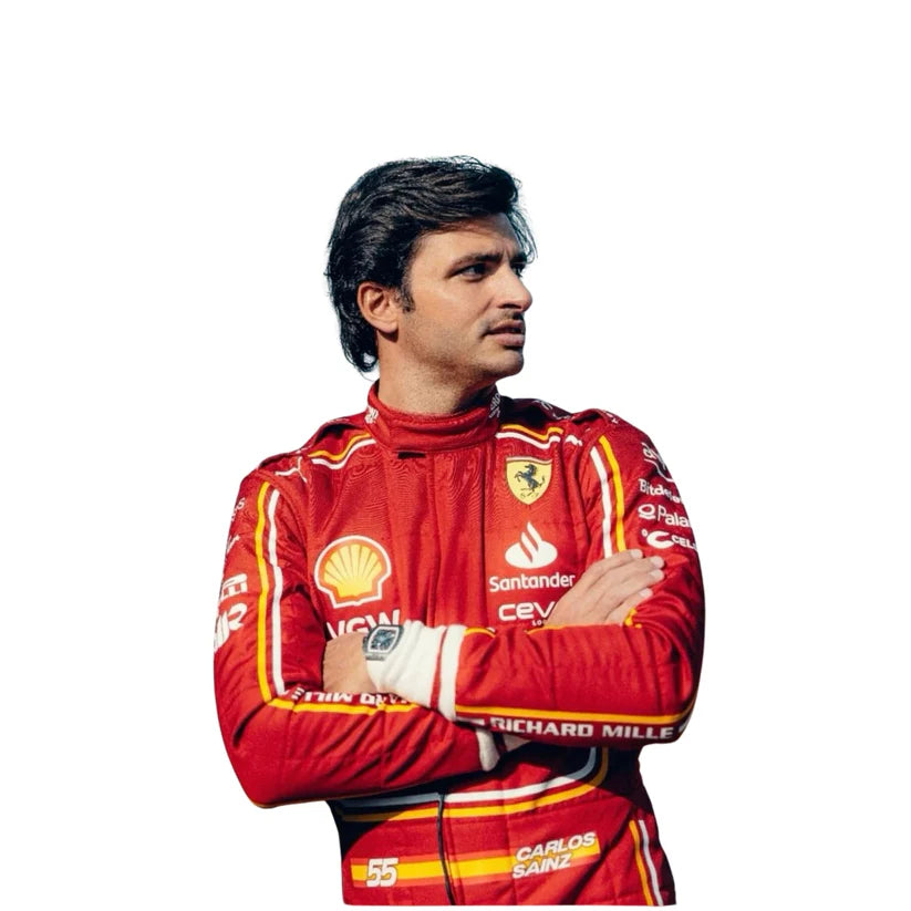 Carlos Sainz in Ferrari 2024 F1 Racing Suit with various sponsor logos on a white background