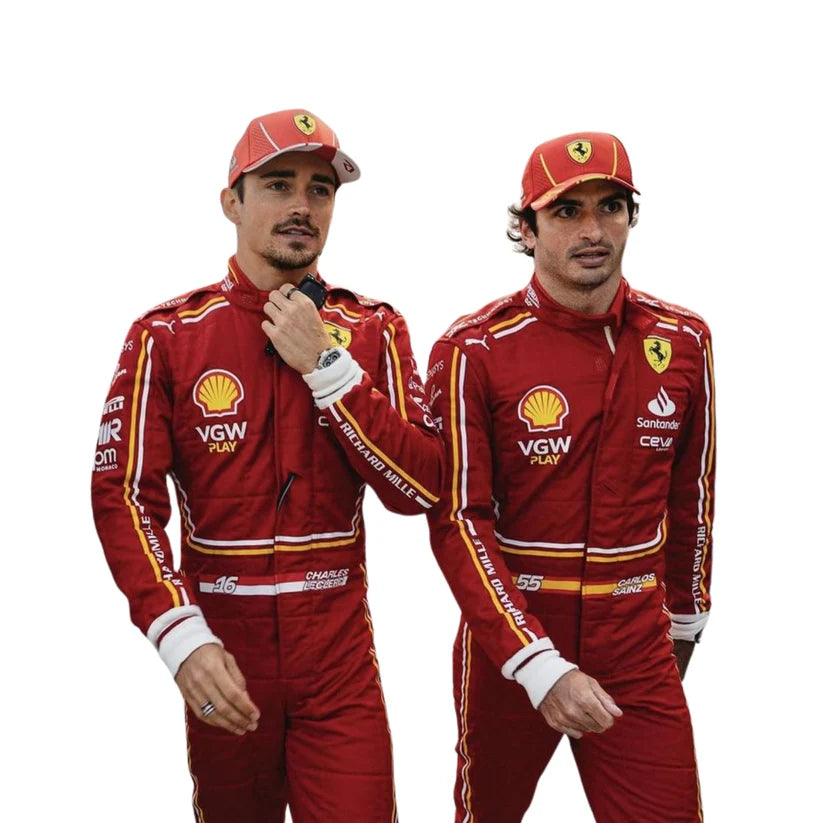 Two individuals in Ferrari racing suits with various logos on a white background