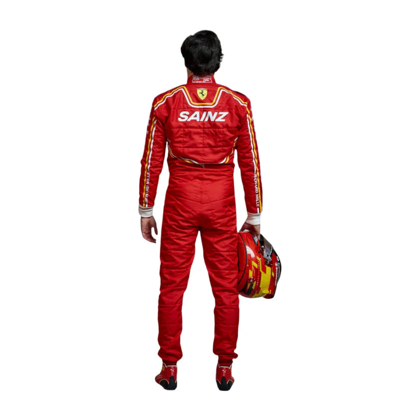 Carlos Sainz in Ferrari 2024 F1 Racing Suit with 'Sainz' branding on a white background