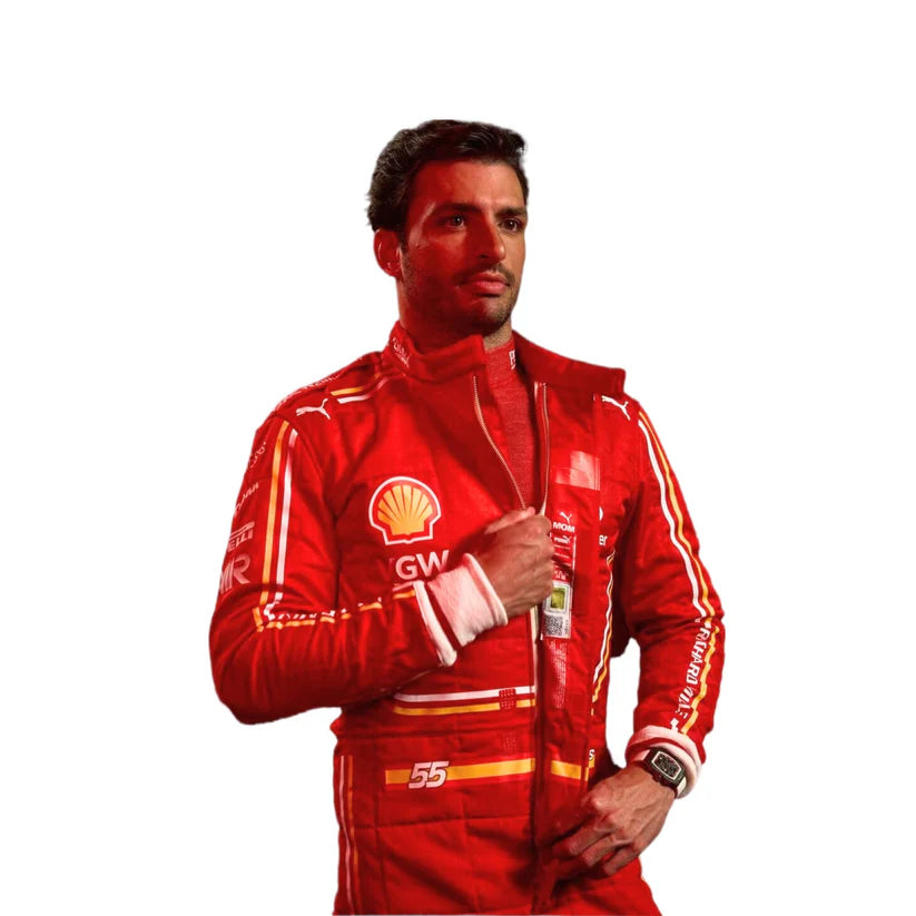Carlos Sainz in Ferrari 2024 F1 Racing Suit with visible branding on a white background