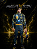 Carlos Sainz in Ferrari 2024 HP Italy GP F1 Racing Suit with various brand logos on a dark background with lightning effects, featuring the REAXION RACEGEAR brand.