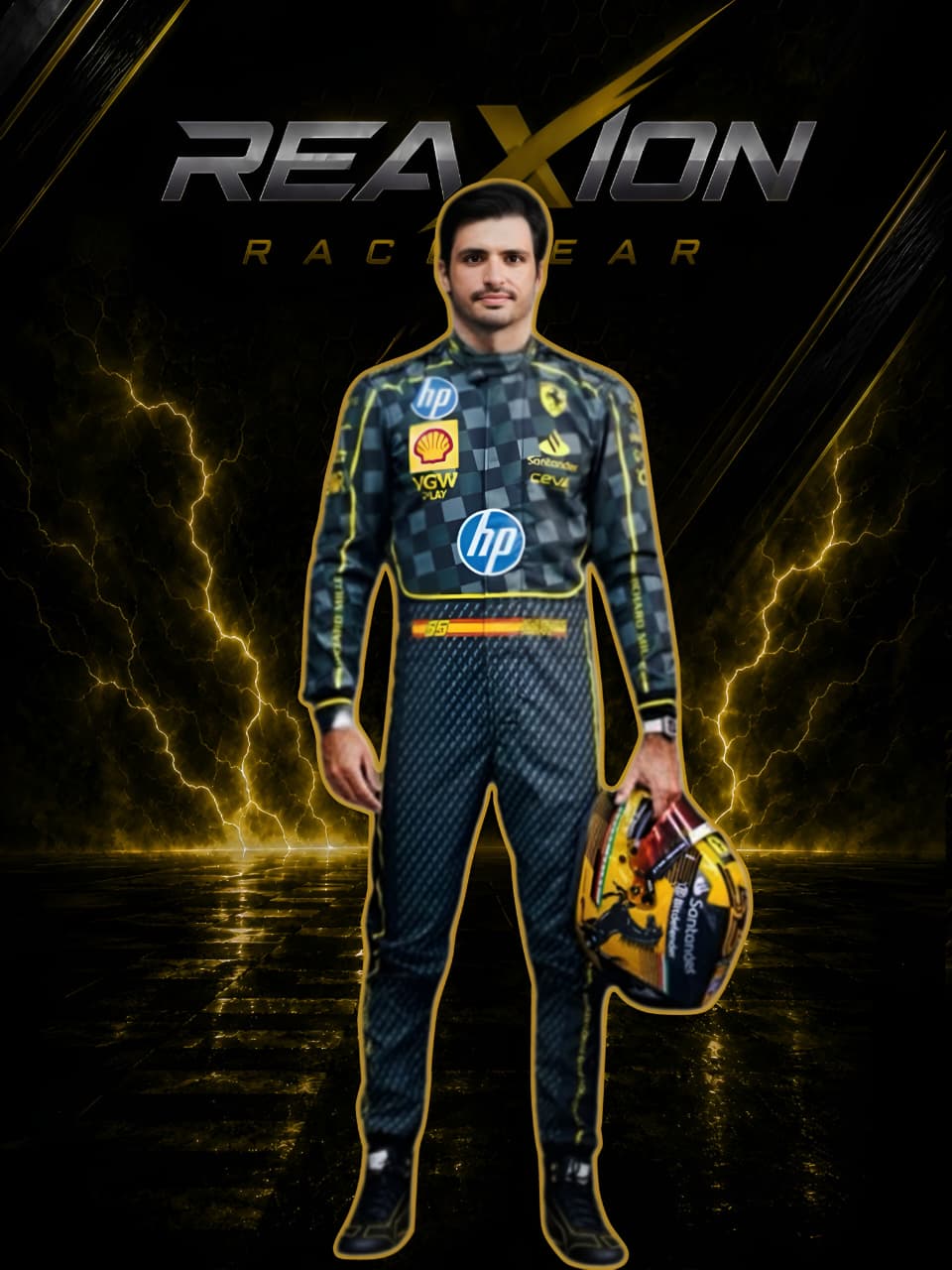 Carlos Sainz in Ferrari 2024 HP Italy GP F1 Racing Suit with various brand logos on a dark background with lightning effects, featuring the REAXION RACEGEAR brand.