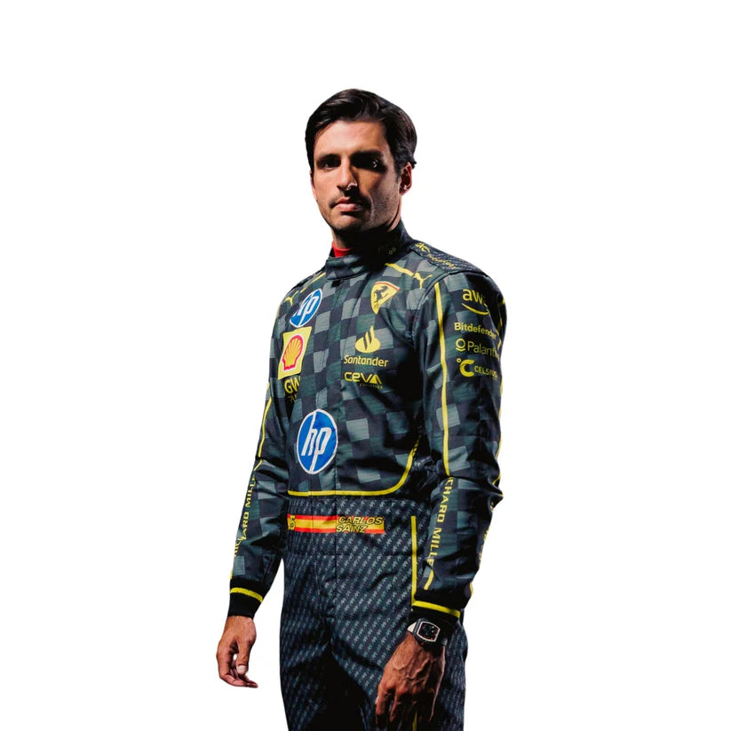 Carlos Sainz in Ferrari 2024 HP Italy GP F1 Racing Suit with various sponsor logos on a white background