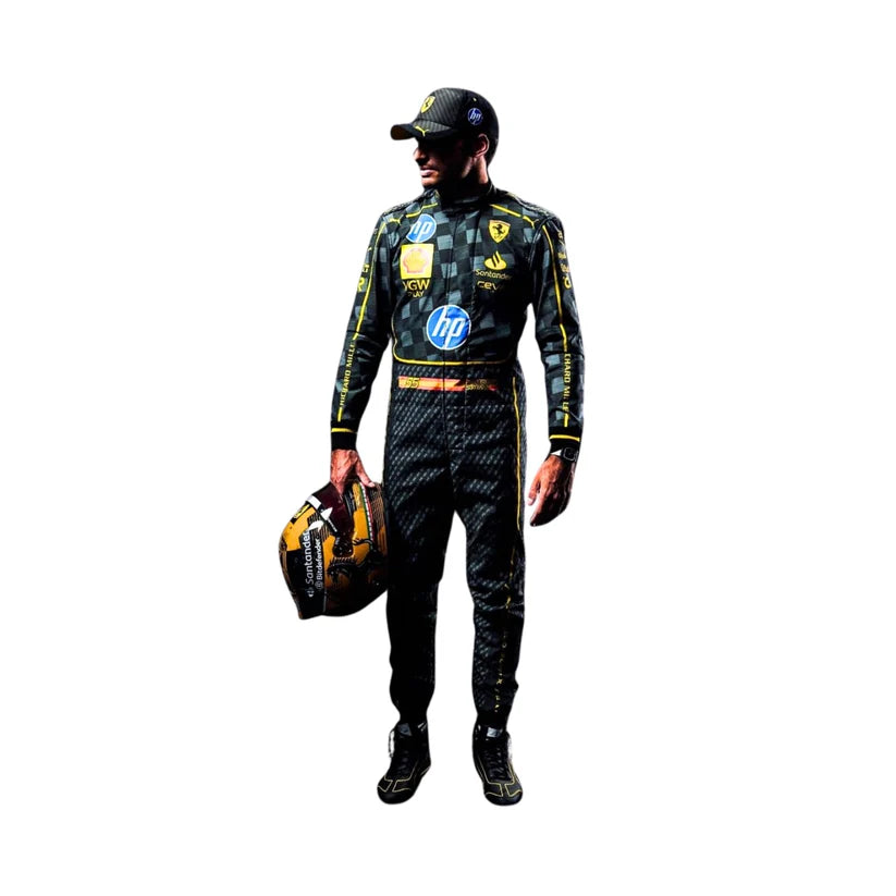 Carlos Sainz in Ferrari 2024 HP Italy GP F1 Racing Suit with a helmet on a white background