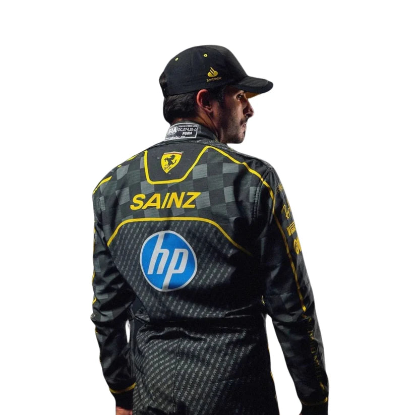 Carlos Sainz in Ferrari 2024 HP Italy GP F1 Racing Suit with 'Sainz' and 'hp' logos on a white background