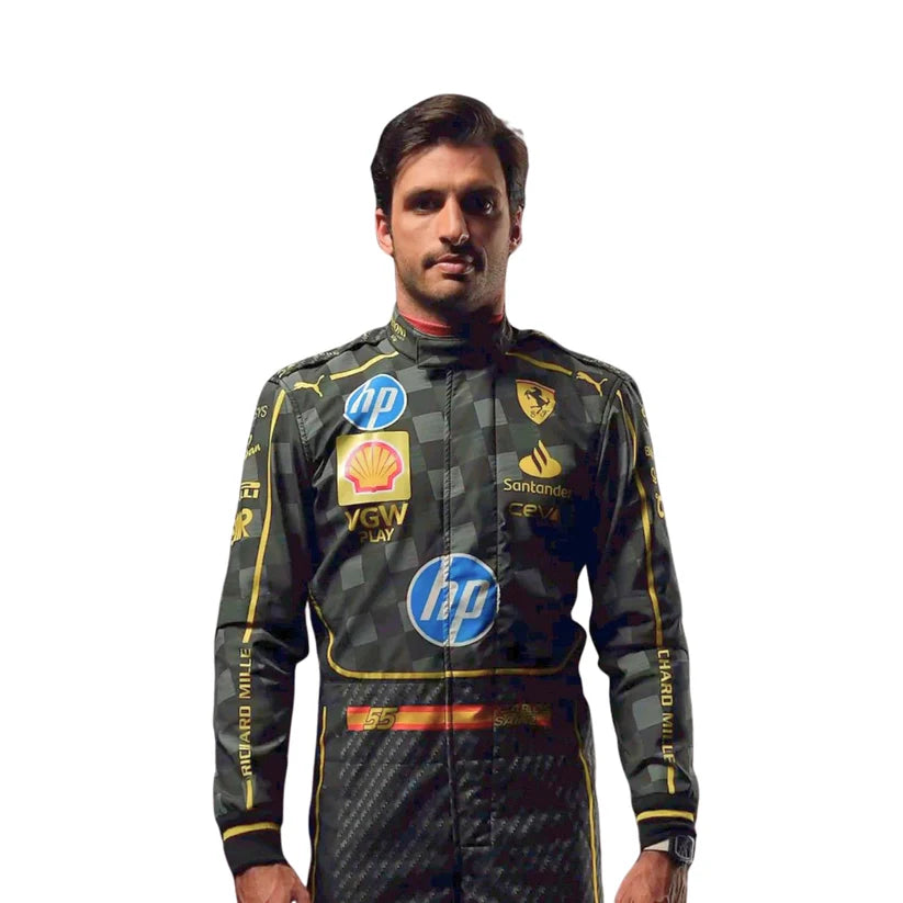 Carlos Sainz in Ferrari 2024 HP Italy GP F1 Racing Suit with various sponsor logos on a white background