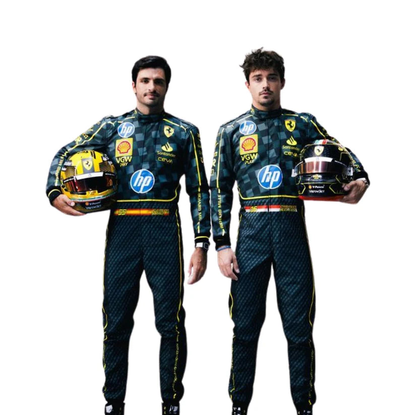 Two individuals in racing suits with various sponsor logos on a white background