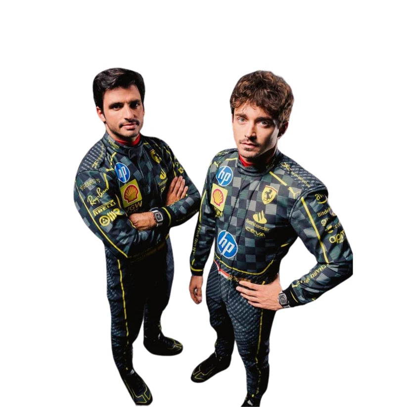 Two men wearing matching racing suits with various logos on a white background