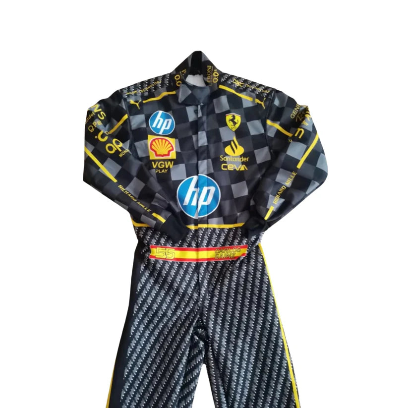 Racing suit with various brand logos on a white background
