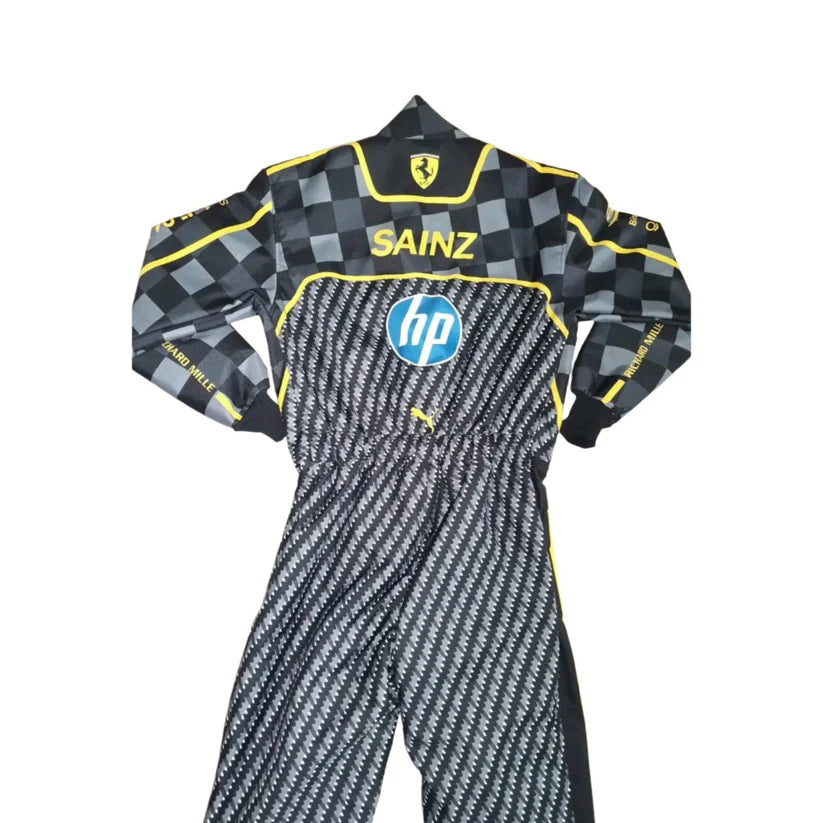 Ferrari racing suit with checkered pattern and branding on a white background