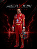 Carlos Sainz in Ferrari 2024 Hp Monaco GP F1 Racing Suit holding a helmet with 'REAXION RACEGEAR' branding on a dark background.