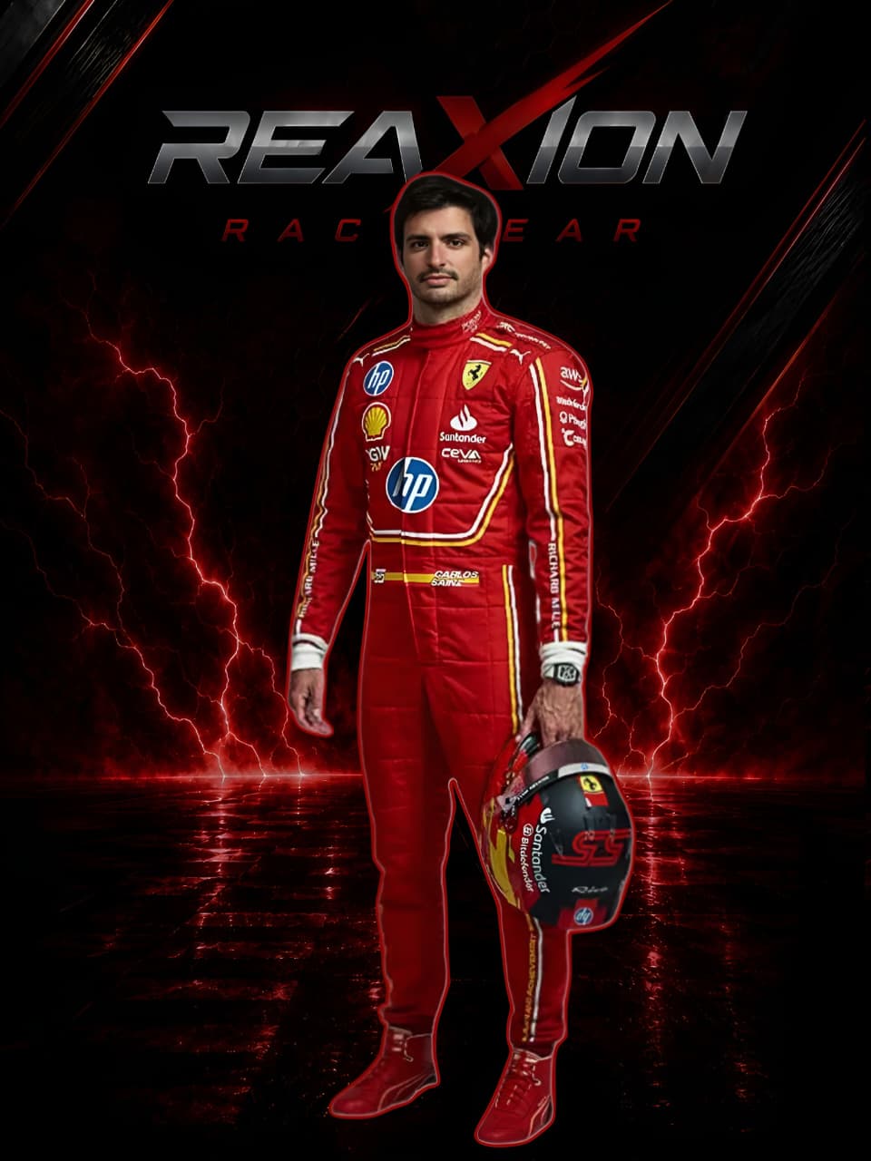 Carlos Sainz in Ferrari 2024 Hp Monaco GP F1 Racing Suit holding a helmet with 'REAXION RACEGEAR' branding on a dark background.