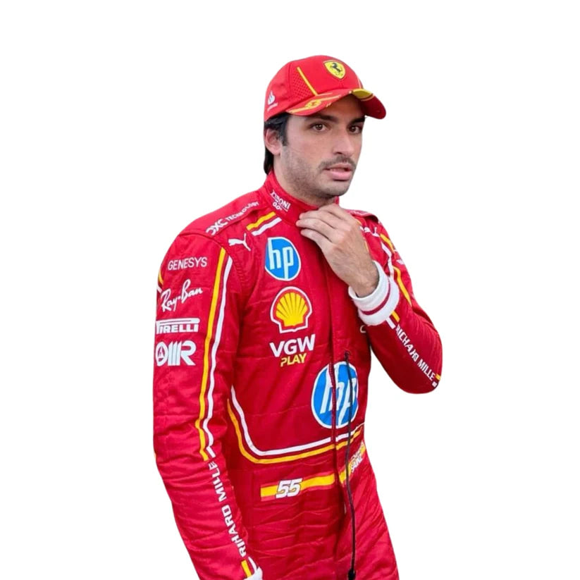 Carlos Sainz in Ferrari 2024 Hp Monaco GP F1 Racing Suit with various sponsor logos on a white background