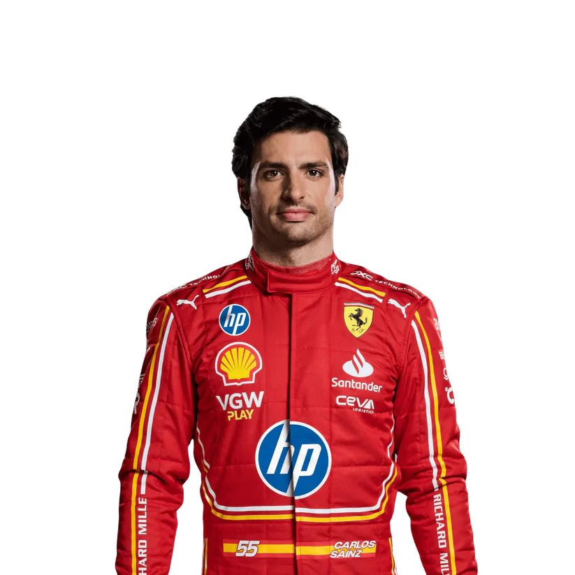 Carlos Sainz in Ferrari 2024 Hp Monaco GP F1 Racing Suit with various sponsor logos on a white background