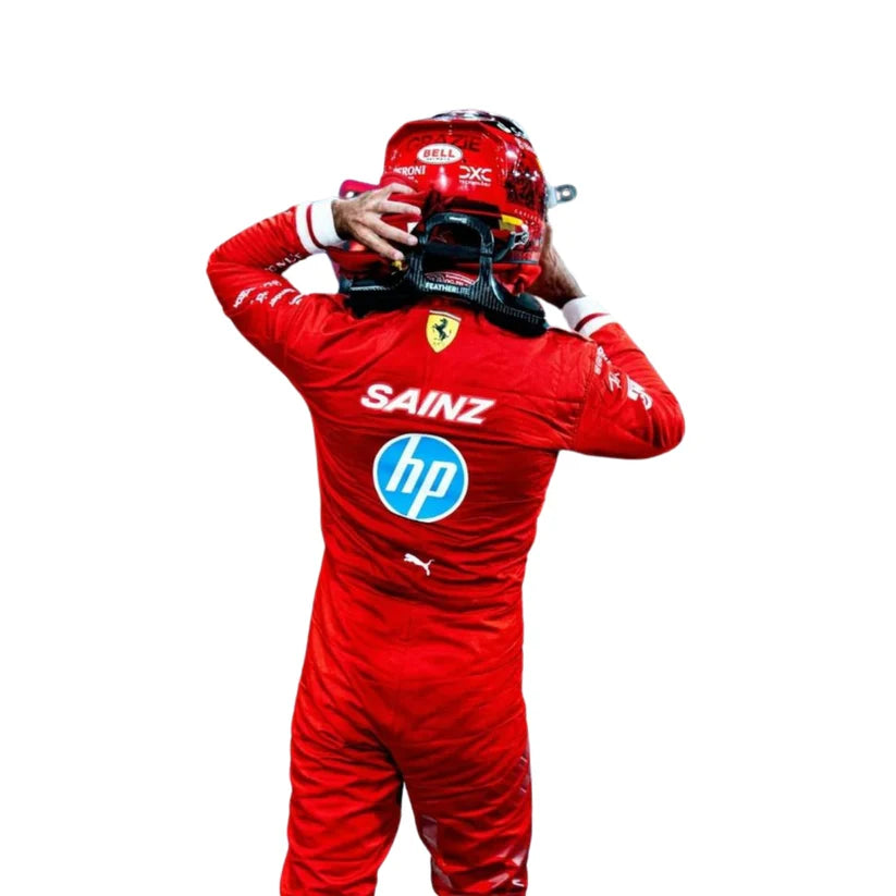 Carlos Sainz in Ferrari 2024 Hp Monaco GP F1 Racing Suit with 'hp' logo and 'Sainz' branding on a white background