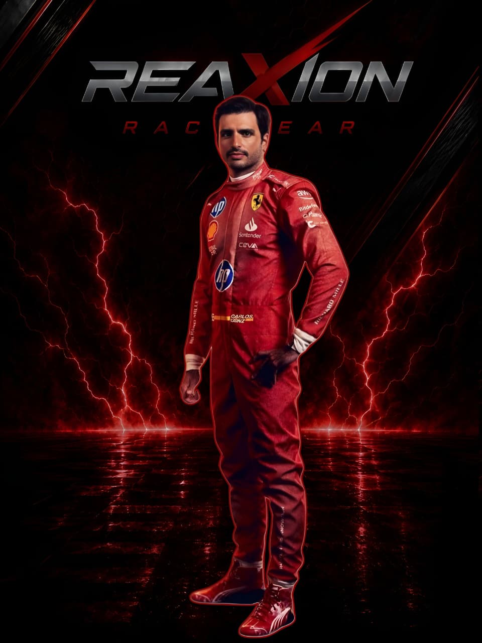Carlos Sainz in Ferrari 2024 Las Vegas GP F1 Racing Suit with 'REAXION RACEGEAR' branding on a dark background with lightning effects.