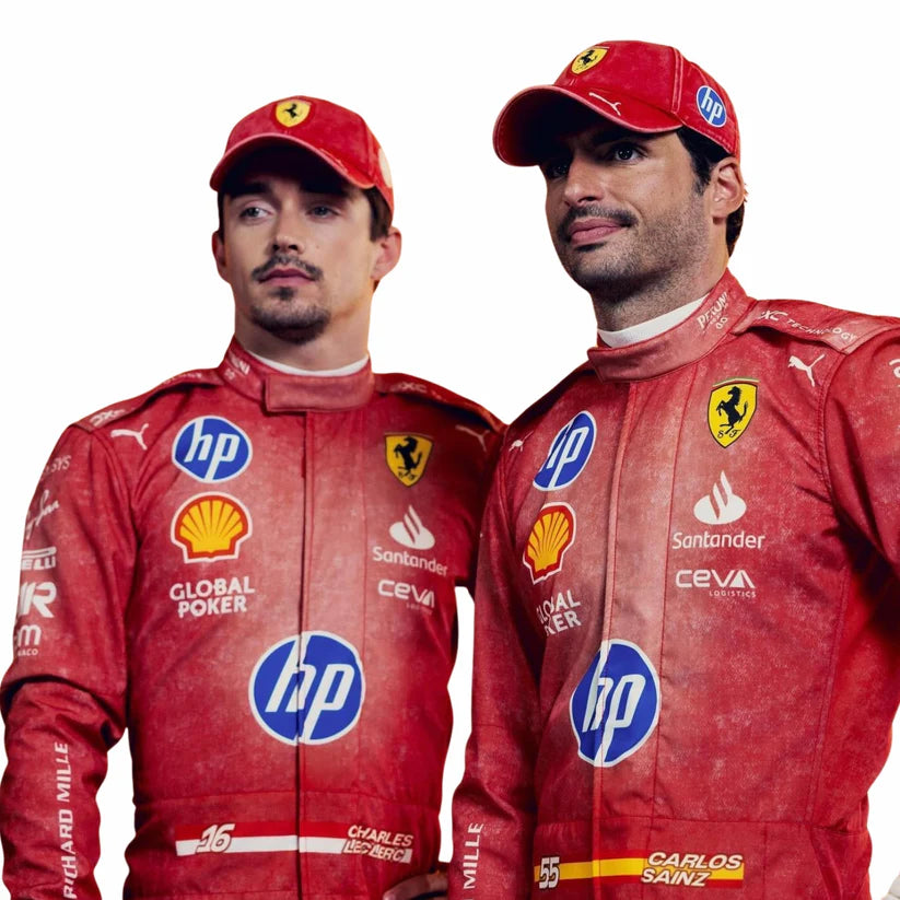 Two individuals wearing red racing suits with various logos on a white background