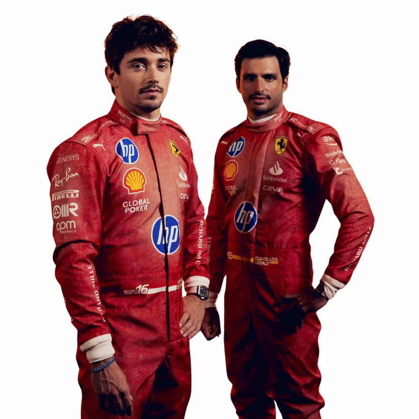 Two men in red racing suits with various sponsor logos on a white background