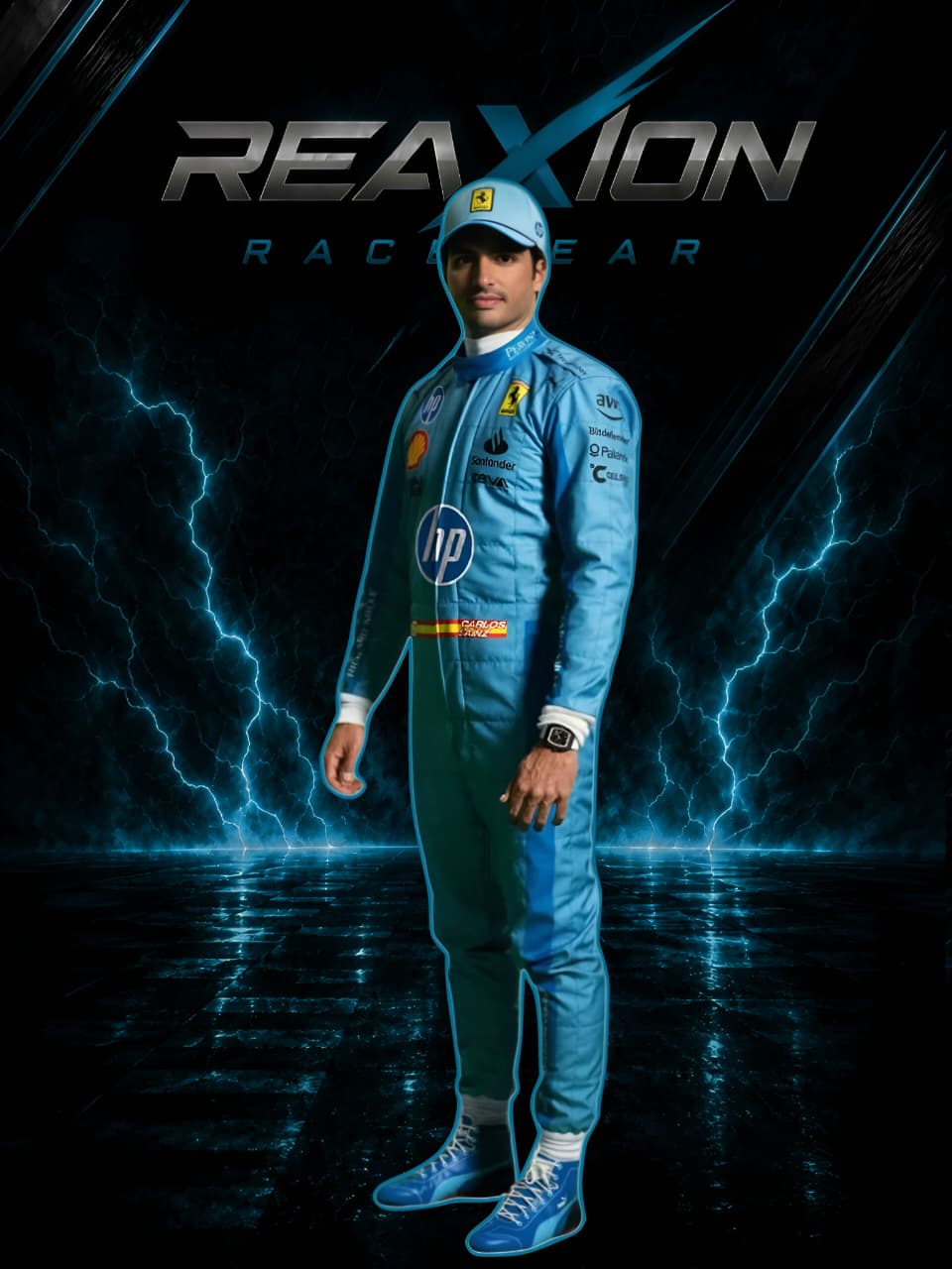 Carlos Sainz in Ferrari 2024 Miami Grand Prix F1 Racing Suit with REAXION RACERGEAR branding against a dark background with lightning effects.