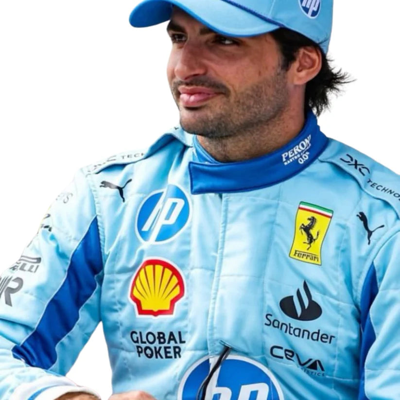 Carlos Sainz in Ferrari 2024 Miami Grand Prix F1 Racing Suit with various sponsor logos on a white background
