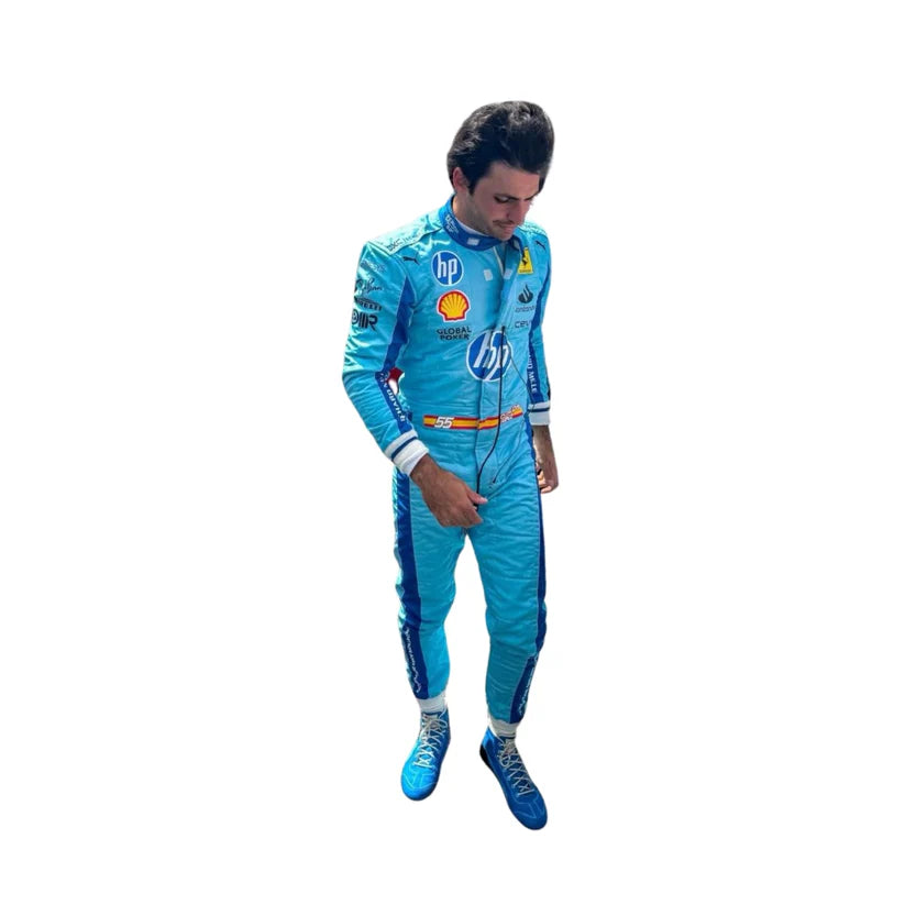 Carlos Sainz in Ferrari 2024 Miami Grand Prix F1 Racing Suit with various logos on a white background