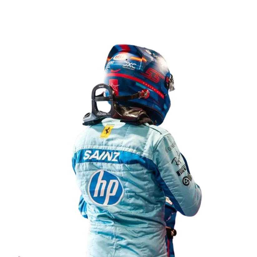 Carlos Sainz in Ferrari 2024 Miami Grand Prix F1 Racing Suit with helmet on a white background