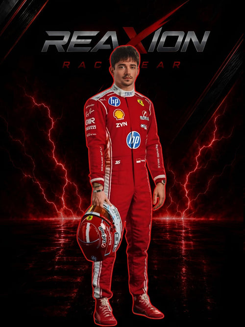 Charles Leclerc 2026 Ferrari F1 racing suit full body view holding team helmet
