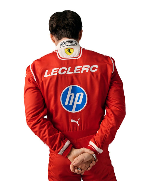 Charles Leclerc 2026 Ferrari F1 racing suit back view featuring driver name and HP logo