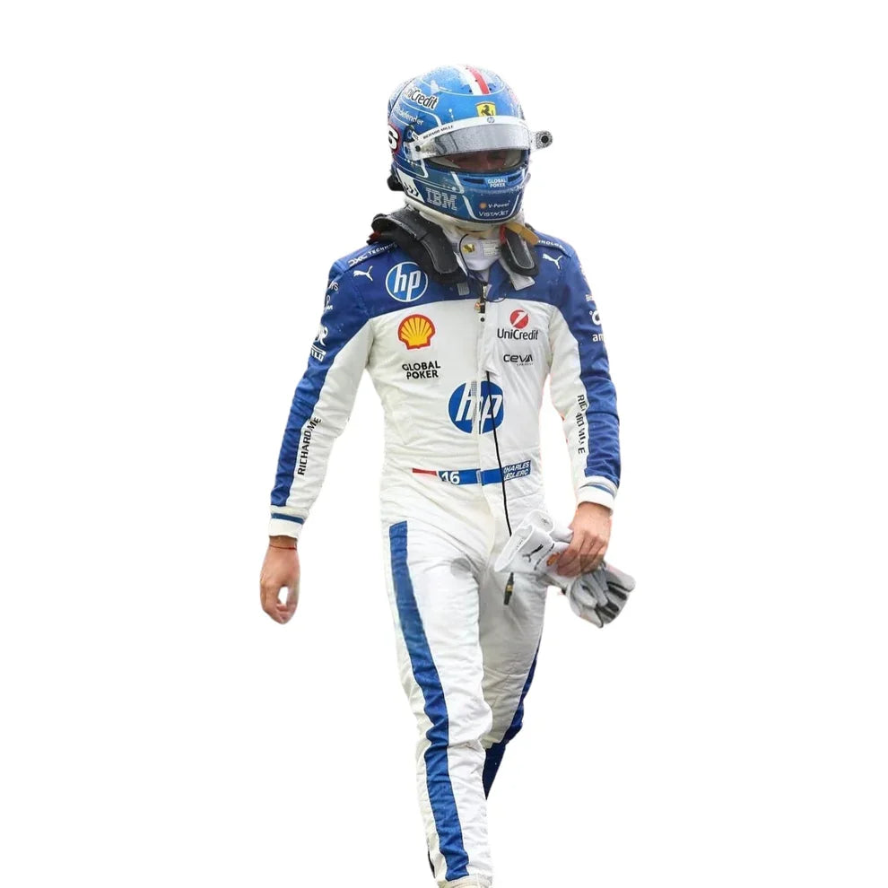 Racing driver in a blue and white suit with helmet on a white background