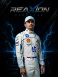 Charles Leclerc Ferrari 2025 Monaco GP F1 Racing Suit with various sponsor logos on a dark background with lightning effects, featuring the REAXION RACEGEAR brand.