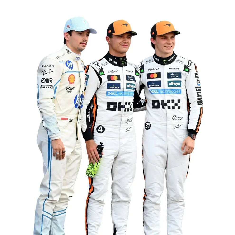 Three Formula 1 drivers in racing suits with various sponsor logos on a white background
