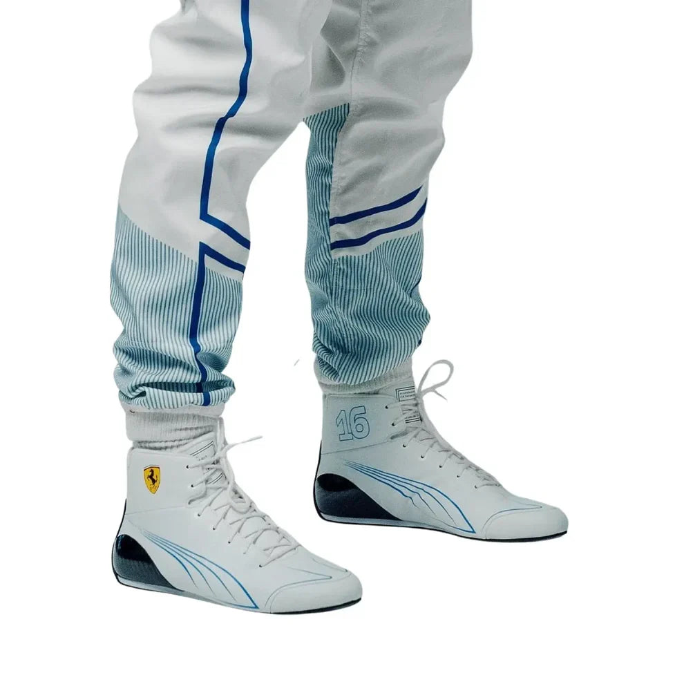 White racing suit with blue accents and matching shoes on a white background