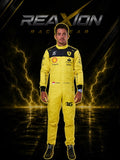 Charles Leclerc in 2022 Ferrari 75th Anniversary F1 Racing Suit with sponsor logos on a dark background with lightning effects, featuring the Reaxion Race Gear brand.