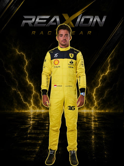 Charles Leclerc in 2022 Ferrari 75th Anniversary F1 Racing Suit with sponsor logos on a dark background with lightning effects, featuring the Reaxion Race Gear brand.