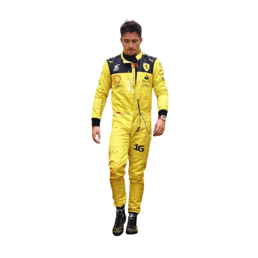 Charles Leclerc in 2022 Ferrari 75th Anniversary F1 Racing Suit with black accents on a white background