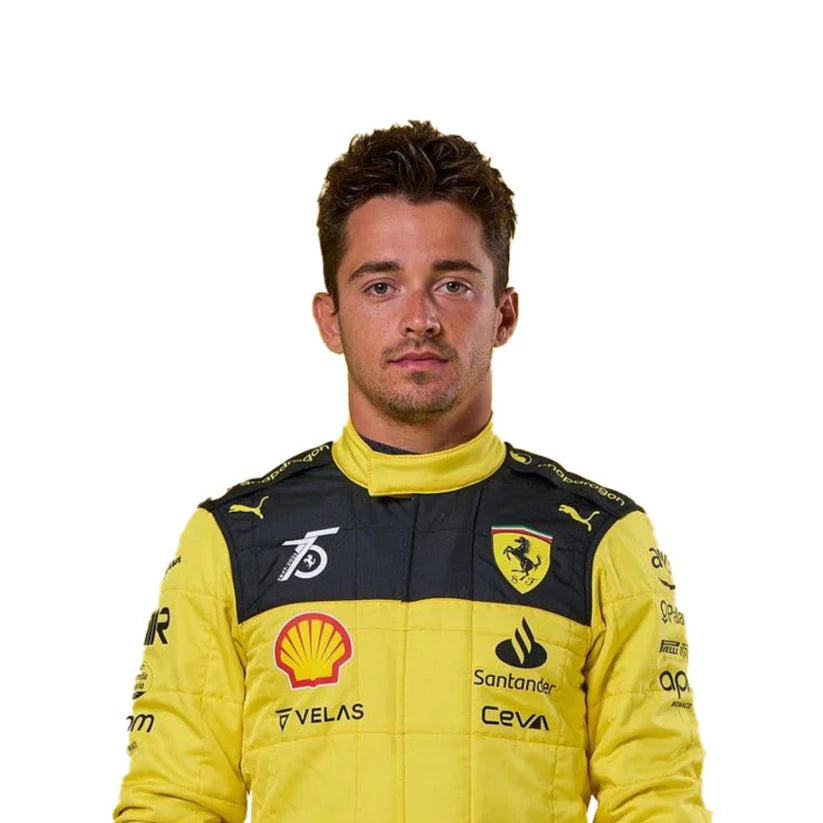 Charles Leclerc in 2022 Ferrari 75th Anniversary F1 Racing Suit with various sponsor logos on a white background
