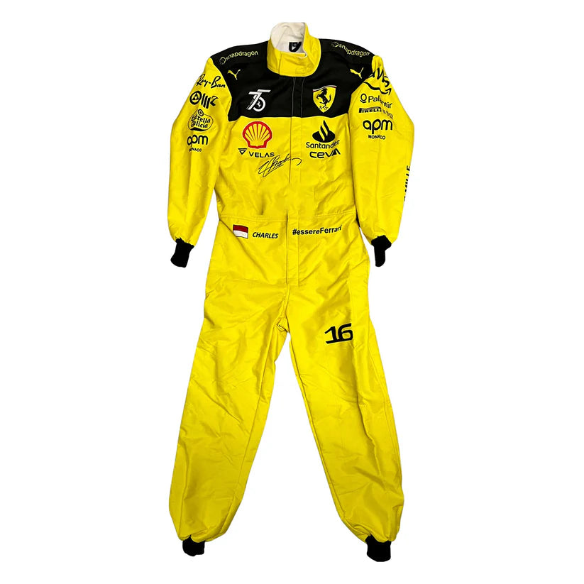 Yellow Ferrari racing suit with various logos on a white background