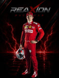 Charles Leclerc in Ferrari 2019 F1 Racing Suit and matching cap stands holding a racing helmet against a dramatic black background with red lightning effects and the text 'REAXION RACEGEAR' at the top.