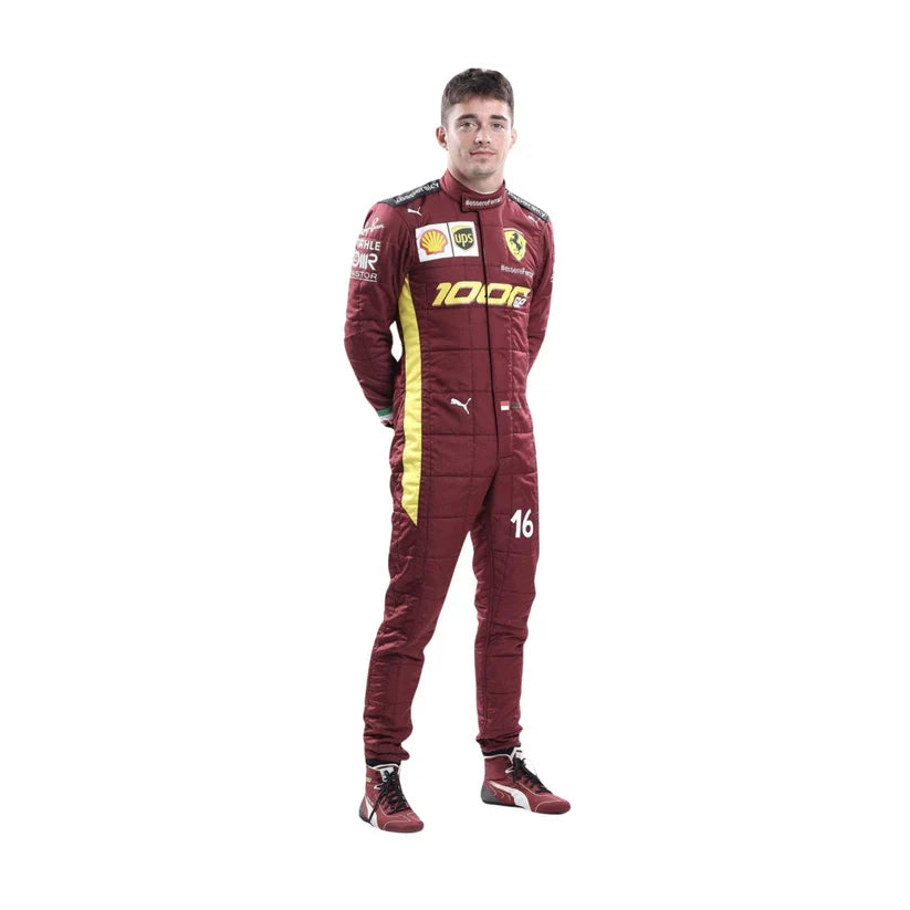 Charles Leclerc in Ferrari 2020 1000 GP F1 Racing Suit with sponsor logos on a white background