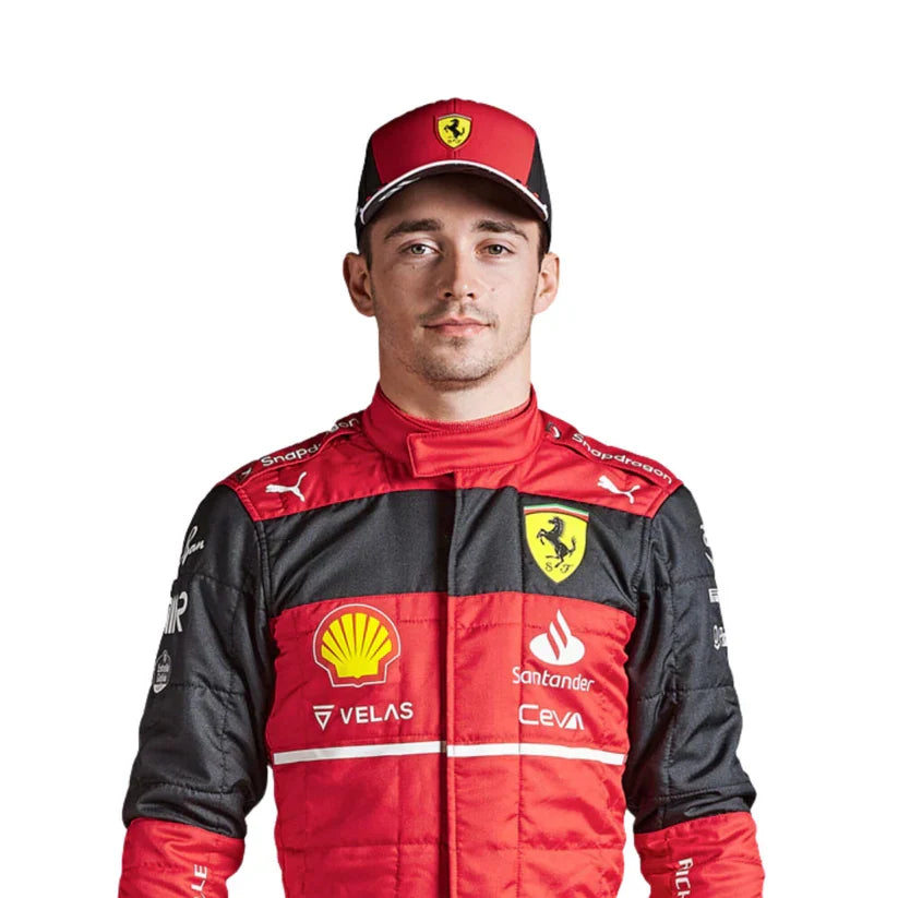 Charles Leclerc in Ferrari 2022 F1 Racing Suit with various logos on a white background
