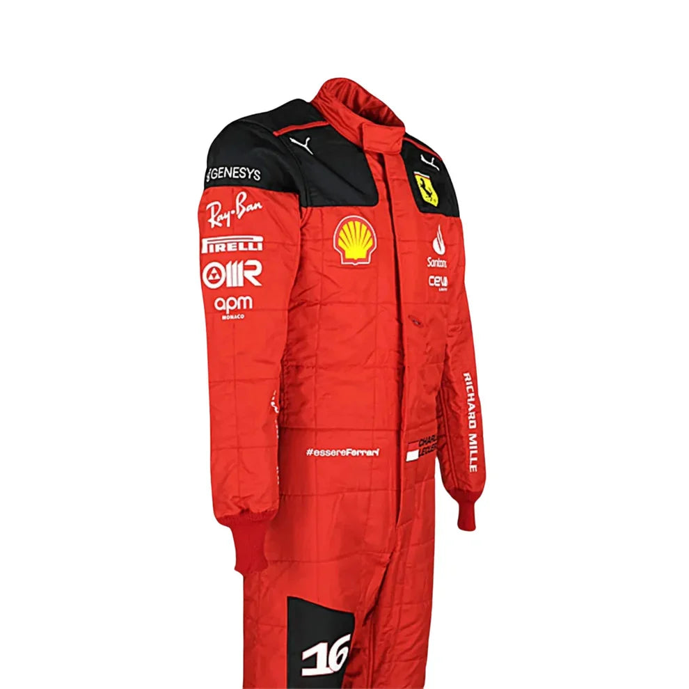 Red racing suit with various sponsor logos on a white background