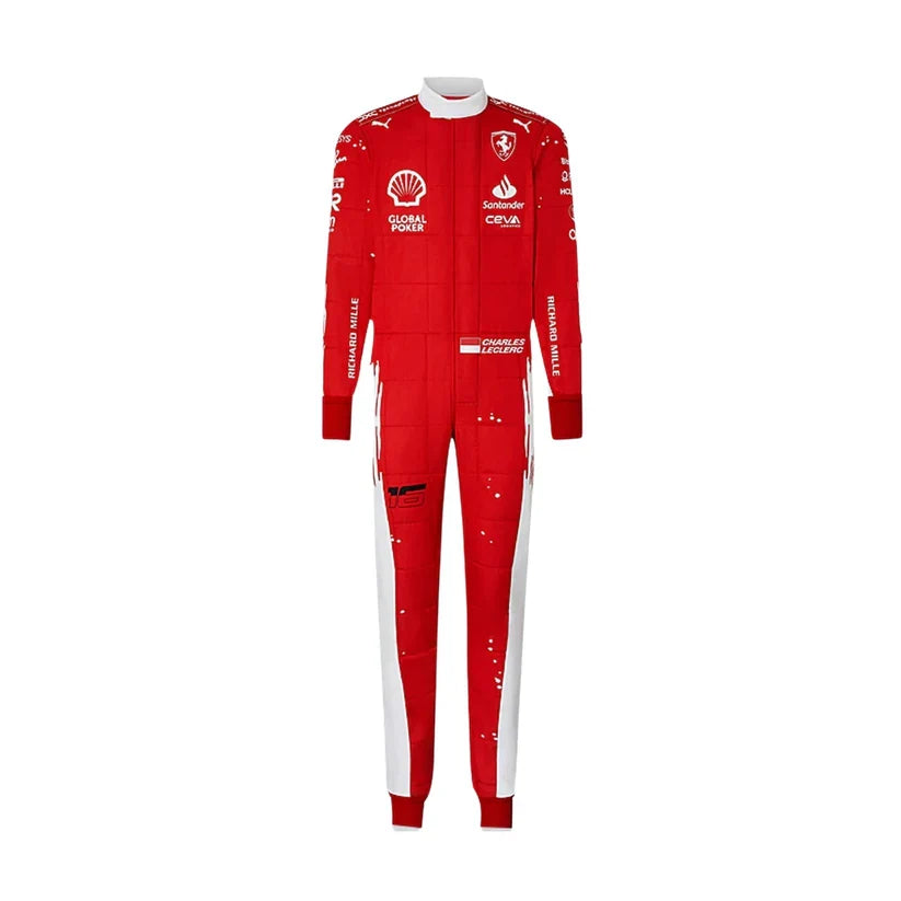 Red racing suit with various sponsor logos on a white background