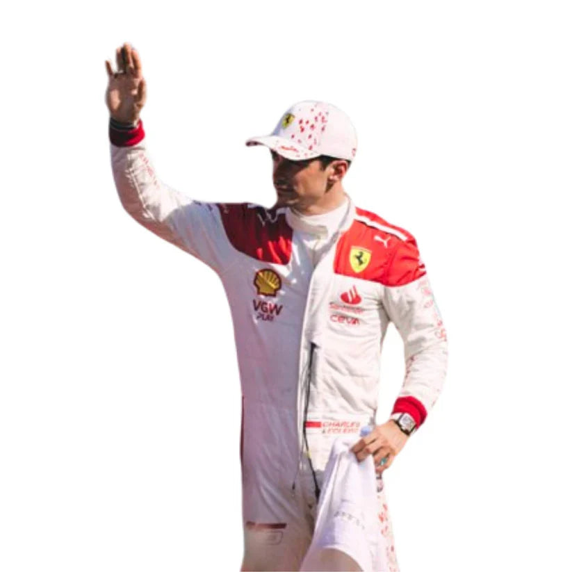 Charles Leclerc in Ferrari 2023 Monaco GP F1 Racing Suit with visible branding on a white background