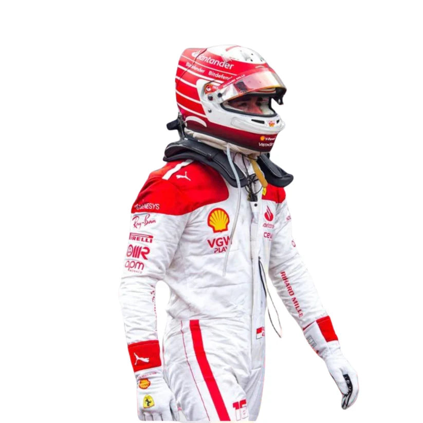 Charles Leclerc in Ferrari 2023 Monaco GP F1 Racing Suit and helmet with various sponsor logos on a white background