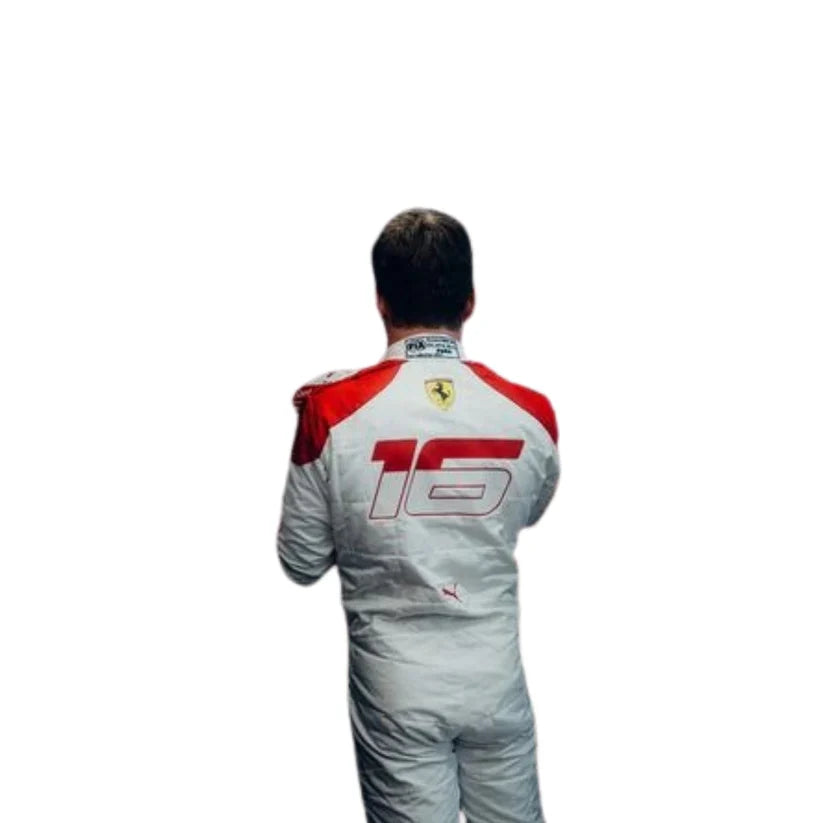 Charles Leclerc in Ferrari 2023 Monaco GP F1 Racing Suit with Ferrari logo and number 16 on a white background
