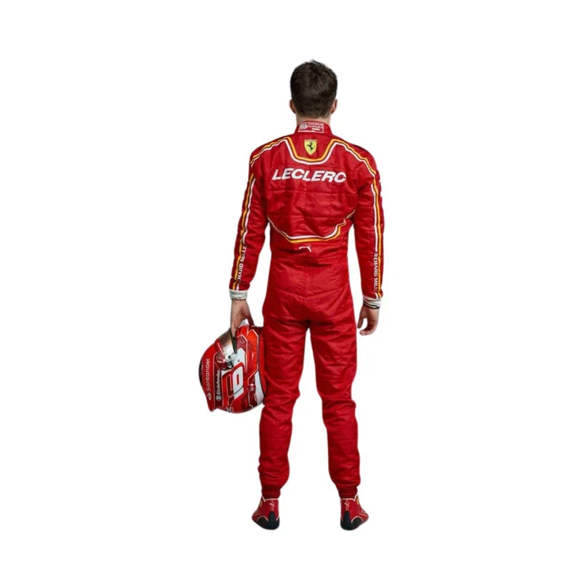 Charles Leclerc in Ferrari 2024 F1 Racing Suit with 'Leclerc' branding on a white background