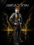 Charles Leclerc in Ferrari 2024 HP Italy GP F1 Racing Suit with logos on a dark background featuring the 'REAXION RACGEAR' brand.